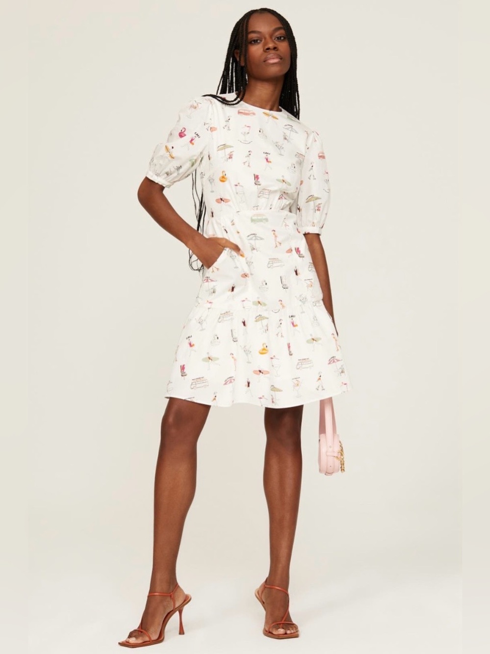 Boss~Daranta White California Print Puff-Sleeve Mini Dress~Size 2~$398~